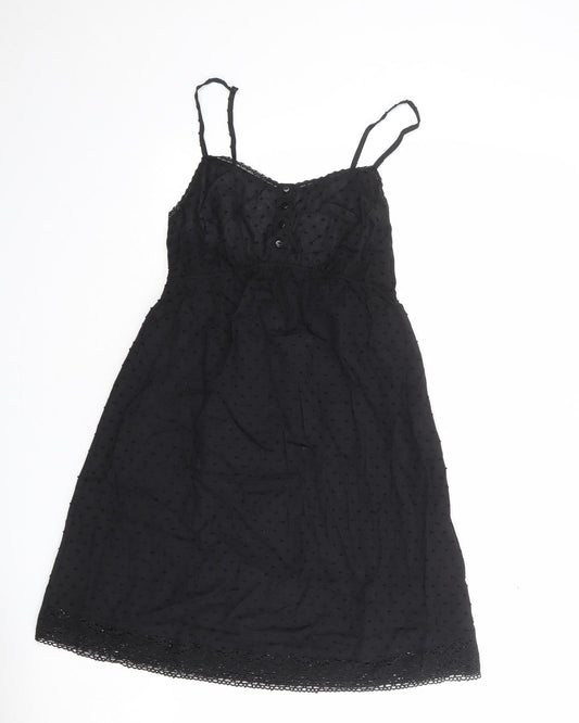 Marks and Spencer Womens Black 100% Cotton Slip Dress Size 8 Scoop Neck Button - Textured