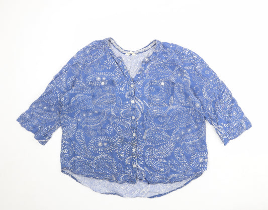 BHS Womens Blue Paisley Linen Basic Button-Up Size 18 V-Neck