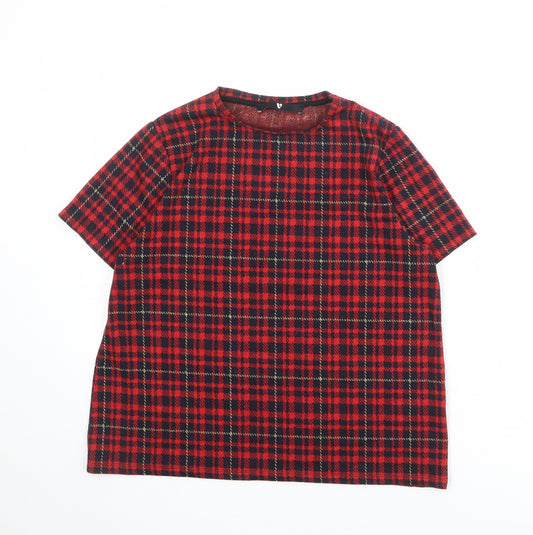 Very Womens Red Plaid Polyester Basic T-Shirt Size 12 Round Neck