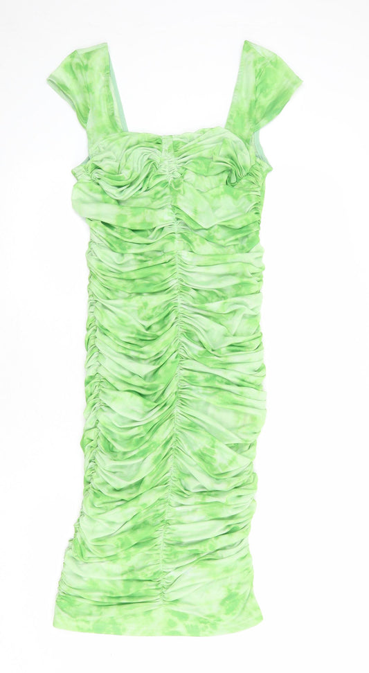 PRETTYLITTLETHING Womens Green Tie Dye Polyester Bodycon Size 12 Square Neck Zip