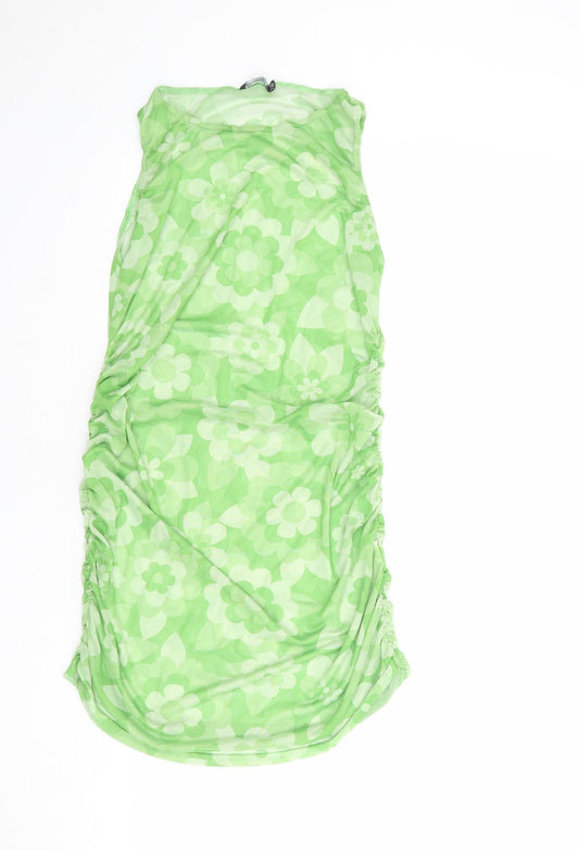 PRETTYLITTLETHING Womens Green Floral Polyester Tank Dress Size 16 Round Neck Pullover