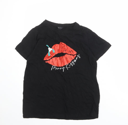 New Look Womens Black 100% Cotton Basic T-Shirt Size 12 Crew Neck - Merry Kissing