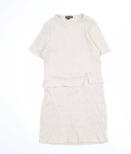 PRETTYLITTLETHING Womens Beige Cotton T-Shirt Dress Size 16 Round Neck Pullover