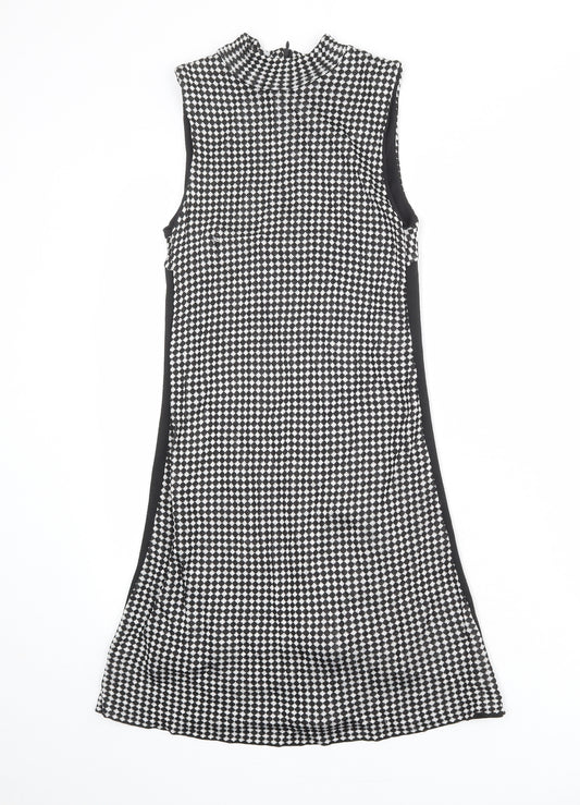 Zara Womens Black Geometric Polyester Tank Dress Size S Mock Neck Zip