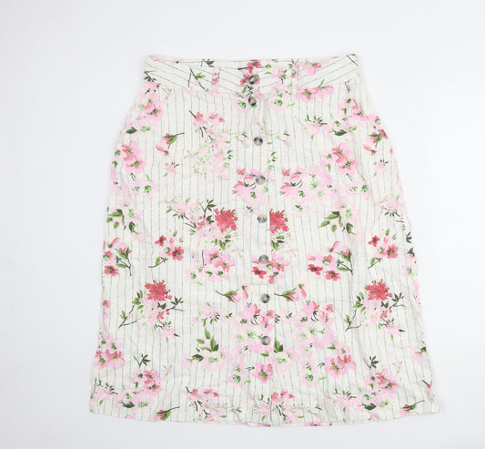 Marks and Spencer Womens Ivory Floral Linen A-Line Skirt Size 16 Button