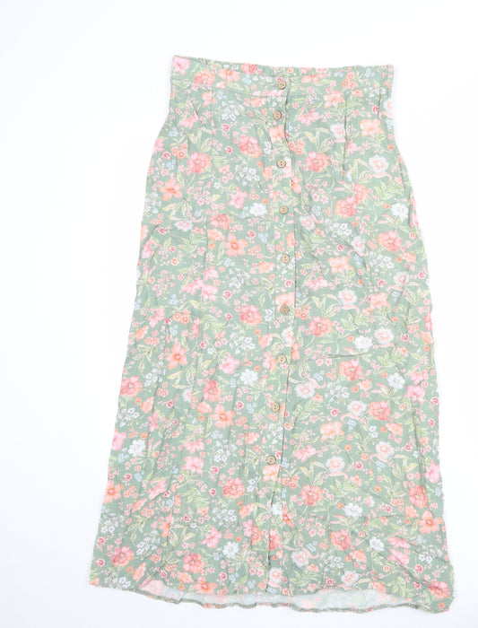 New Look Womens Green Floral Viscose A-Line Skirt Size 8 Button