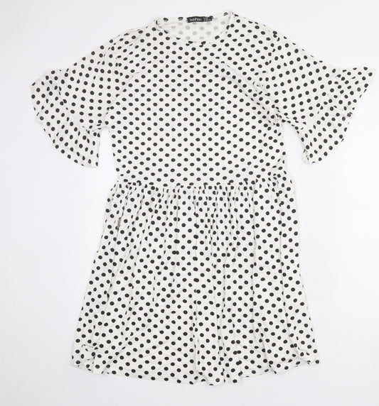 Boohoo Womens White Polka Dot Viscose A-Line Size 10 Round Neck Pullover