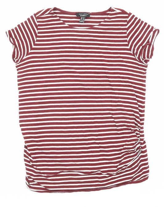 New Look Womens Red Striped Cotton Basic T-Shirt Size 12 Crew Neck