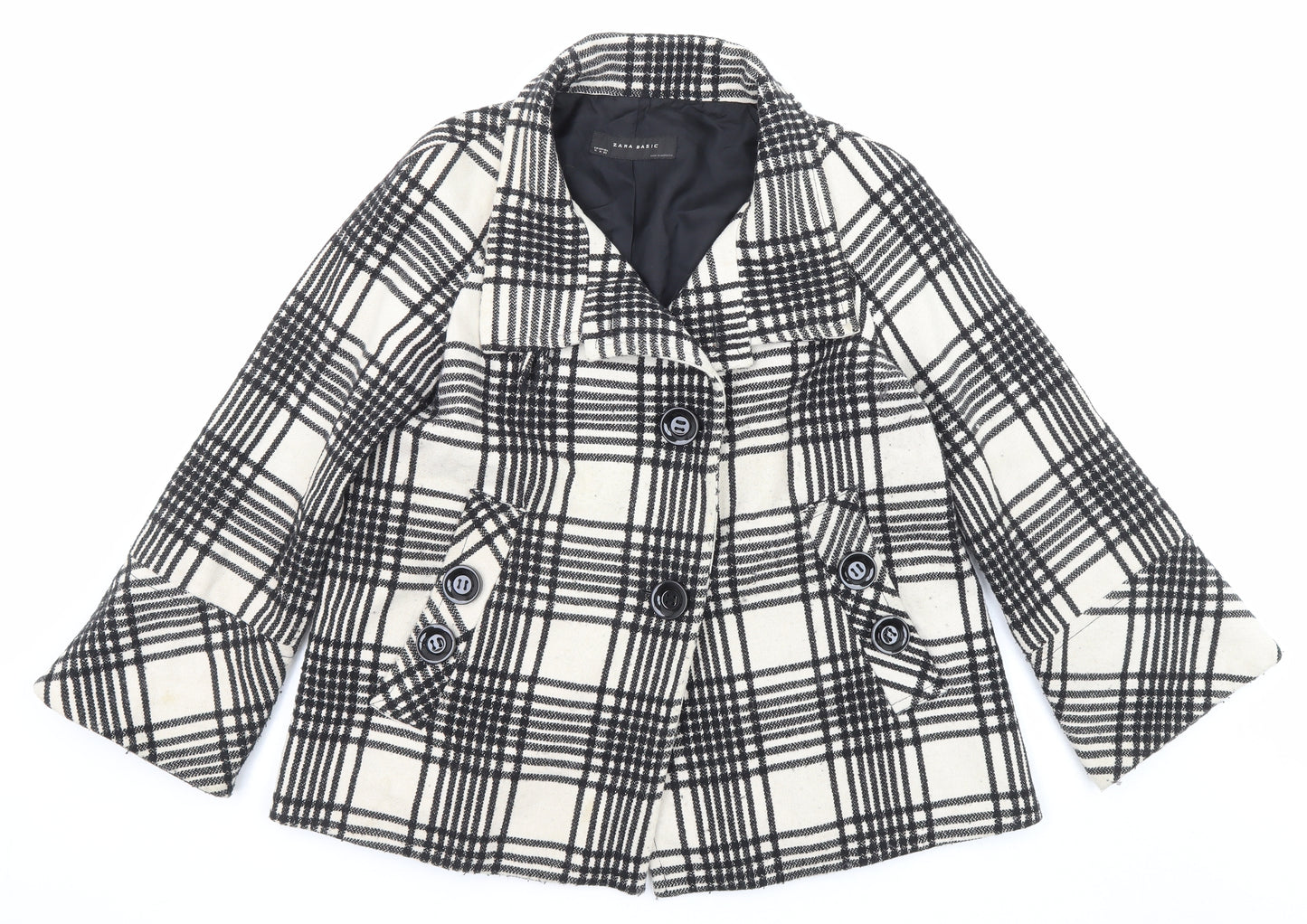 Zara Womens Black Plaid Pea Coat Coat Size M Button