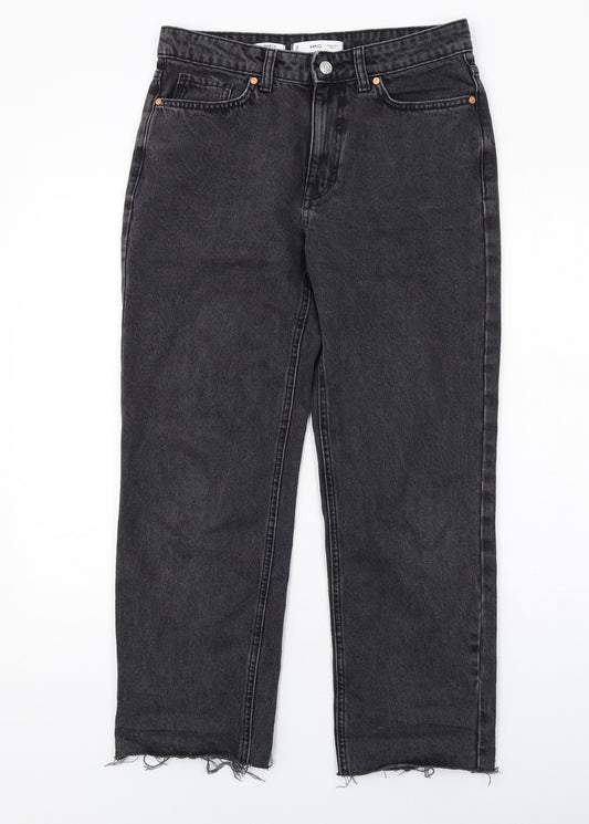 Mango Womens Grey Cotton Straight Jeans Size 10 L28 in Regular Zip - Frayed Hem