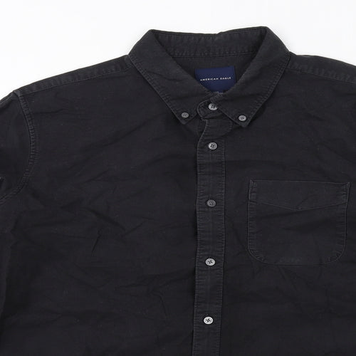 American Eagle Outfitters Mens Black Cotton Button-Up Size L Collared Button