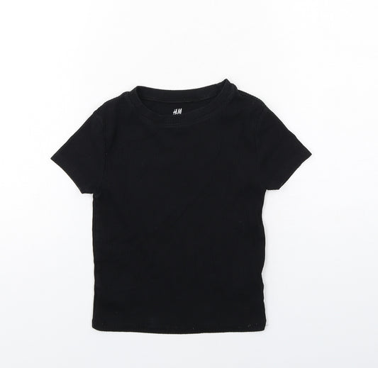 H&M Girls Black Cotton Basic T-Shirt Size 9-10 Years Round Neck Pullover