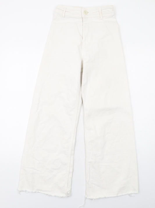 Zara Womens White Cotton Wide-Leg Jeans Size 6 L28 in Regular Zip - Frayed Hem