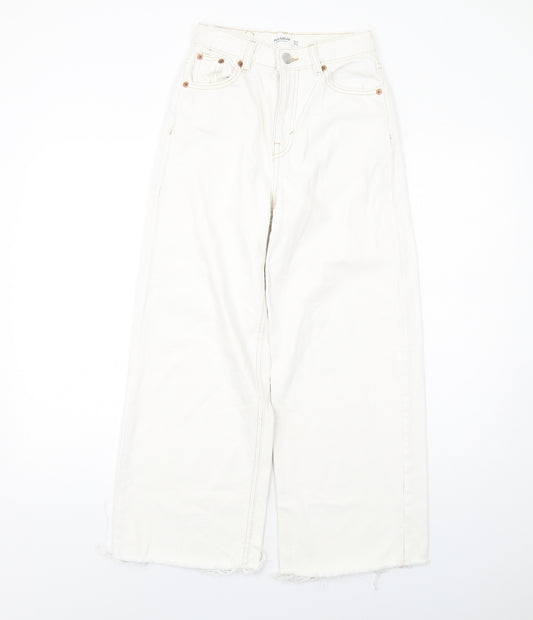 Pull&Bear Womens White Cotton Wide-Leg Jeans Size 4 L26 in Regular Zip - Frayed Hem