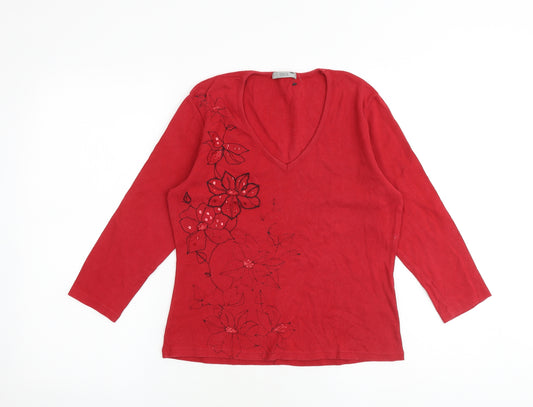 Marks and Spencer Womens Red 100% Cotton Basic T-Shirt Size 12 V-Neck - Flower Detail