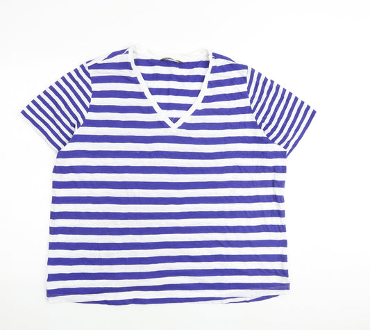 Marks and Spencer Womens Blue Striped 100% Cotton Basic T-Shirt Size 18 V-Neck