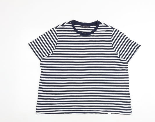 Marks and Spencer Womens Blue Striped 100% Cotton Basic T-Shirt Size 20 Round Neck