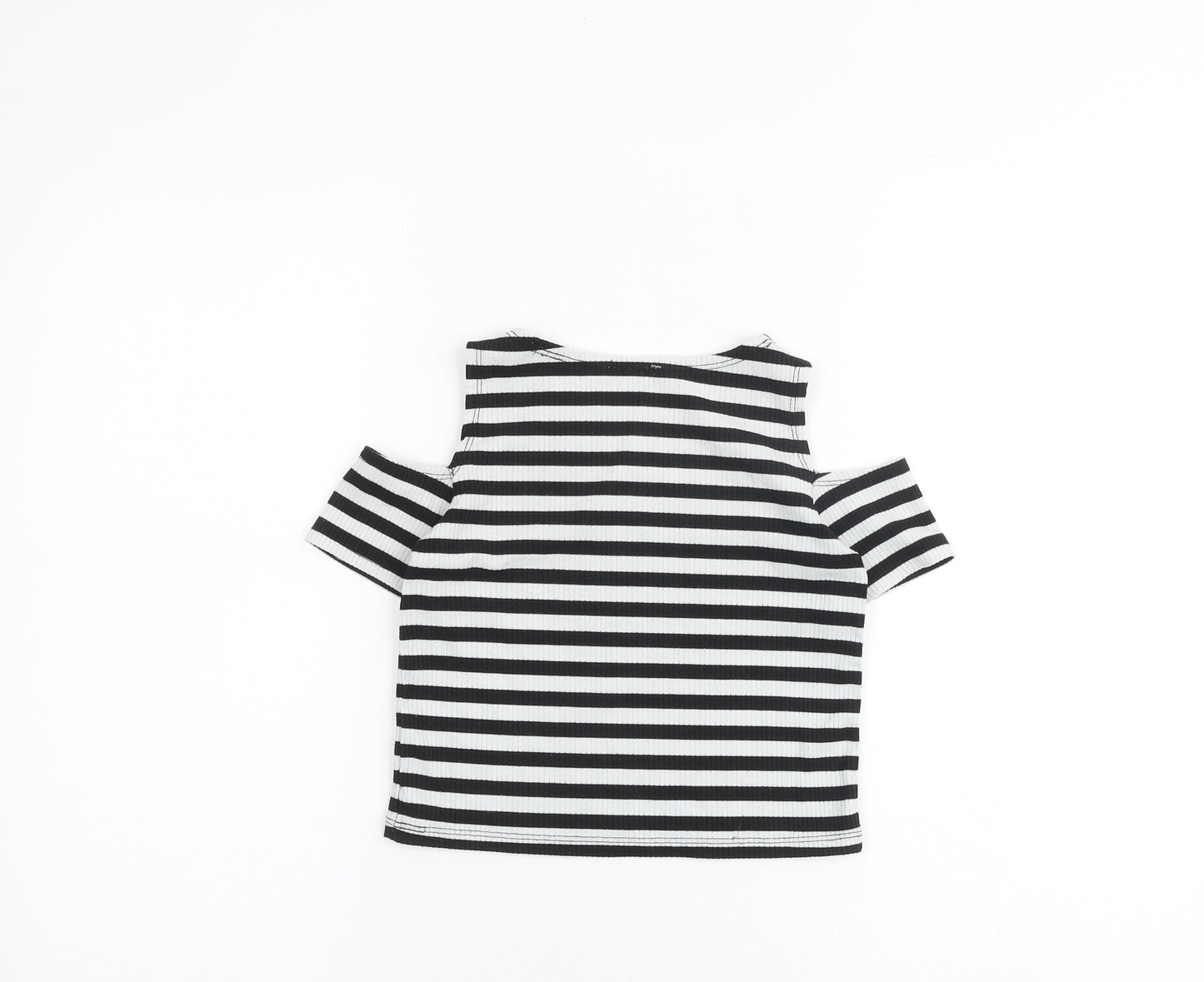 River Island Girls Black Striped Cotton Basic T-Shirt Size 9-10 Years Round Neck Pullover - Cold Shoulder