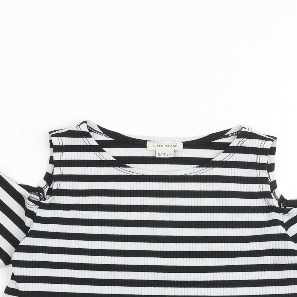 River Island Girls Black Striped Cotton Basic T-Shirt Size 9-10 Years Round Neck Pullover - Cold Shoulder