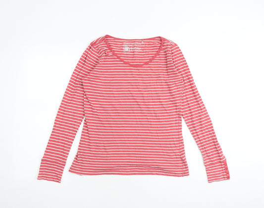 Fat Face Womens Pink Striped Cotton Basic T-Shirt Size 10 Scoop Neck