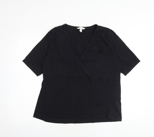 H&M Womens Black Cotton Basic T-Shirt Size XL V-Neck - Wrap Front Detail