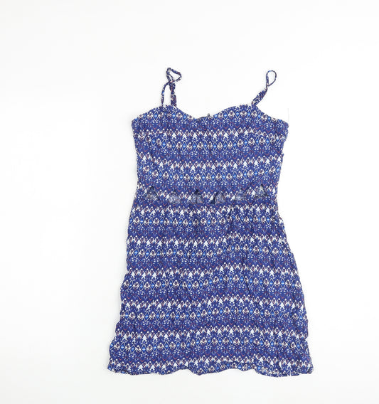 H&M Womens Multicoloured Geometric Viscose Slip Dress Size 10 Scoop Neck Zip