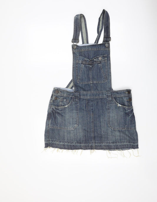 Warehouse Womens Blue Cotton Pinafore/Dungaree Dress Size 12 Square Neck Buckle - Distressed Look