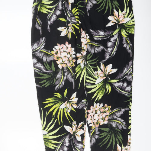 Wallis Womens Black Floral Viscose Trousers Size 12 L27 in Regular