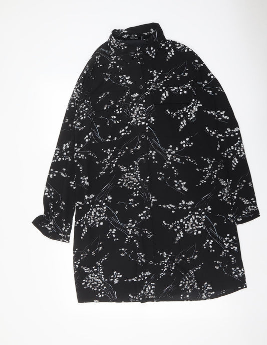 Boohoo Womens Black Geometric Polyester Shirt Dress Size 8 Collared Button
