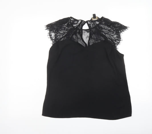Lipsy Womens Black Polyester Basic Blouse Size 12 Round Neck - Lace Detail