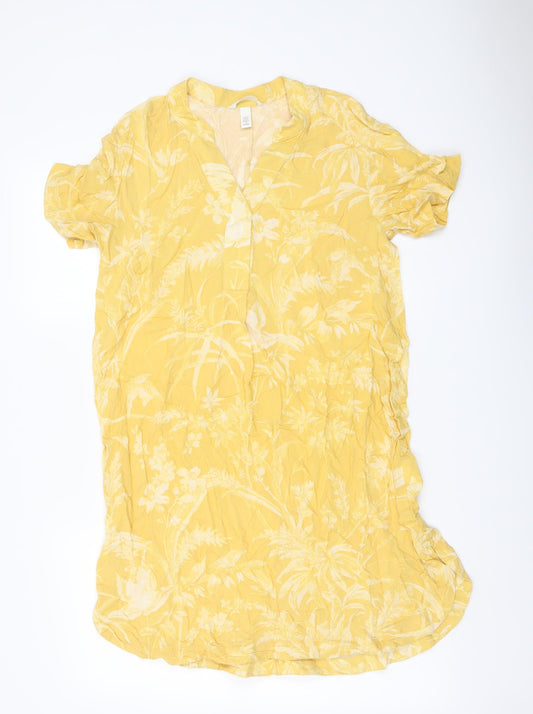 H&M Womens Yellow Geometric Viscose Shirt Dress Size XS V-Neck Pullover