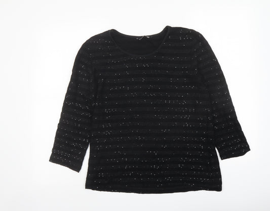 Viz-a-Viz Womens Black Striped Viscose Basic T-Shirt Size 14 Boat Neck - Embellished