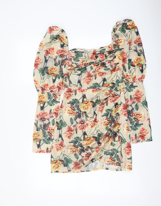 PRETTYLITTLETHING Womens Multicoloured Floral Polyester Mini Size 6 Square Neck Zip