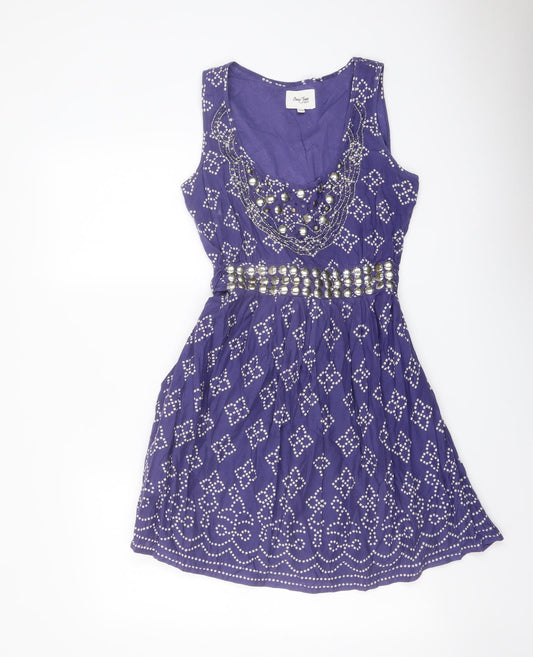 Oasis Womens Purple Geometric Cotton A-Line Size 12 Scoop Neck Zip