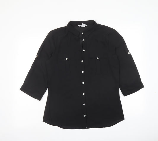 H&M Womens Black Polyester Basic Button-Up Size 10 Collared