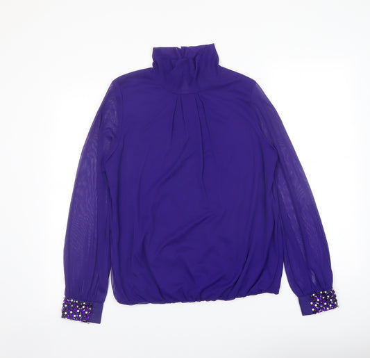 Debenhams Womens Purple Polyester Basic Blouse Size 12 High Neck - Sheer Sleeves