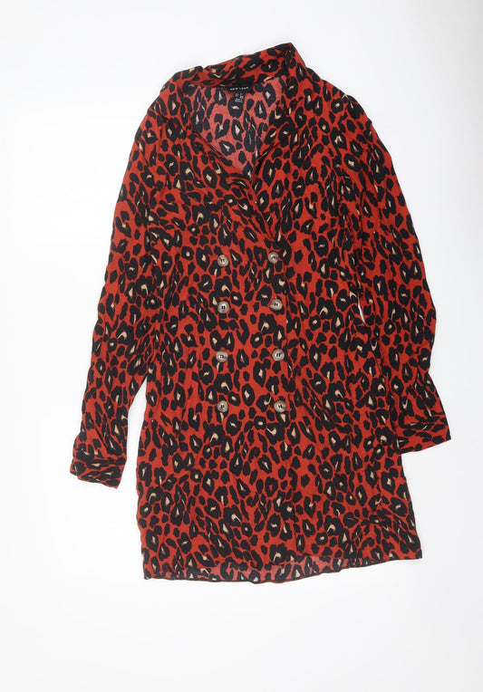 New Look Womens Red Animal Print Viscose Shirt Dress Size 6 Collared Button - Leopard Print