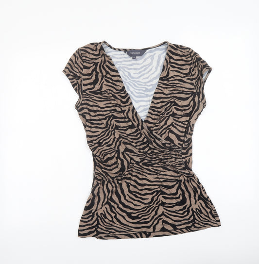 Sosandar Womens Brown Animal Print Viscose Basic Blouse Size 12 V-Neck - Wrap Front Detail