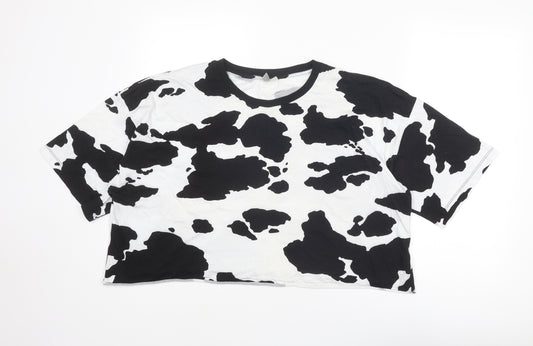 ASOS Womens Black Animal Print Cotton Basic T-Shirt Size 18 Crew Neck - Cow Print