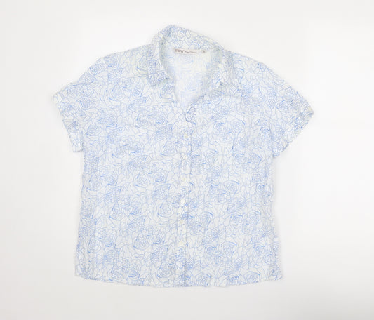 EWM Womens Blue Floral Cotton Basic Button-Up Size 16 Collared - Rose Print