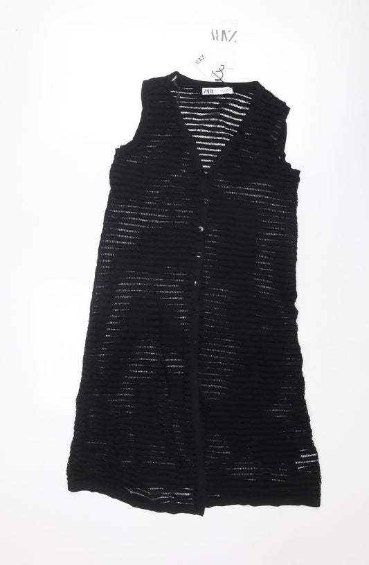 Zara Womens Black V-Neck Striped Viscose Cardigan Jumper Size M