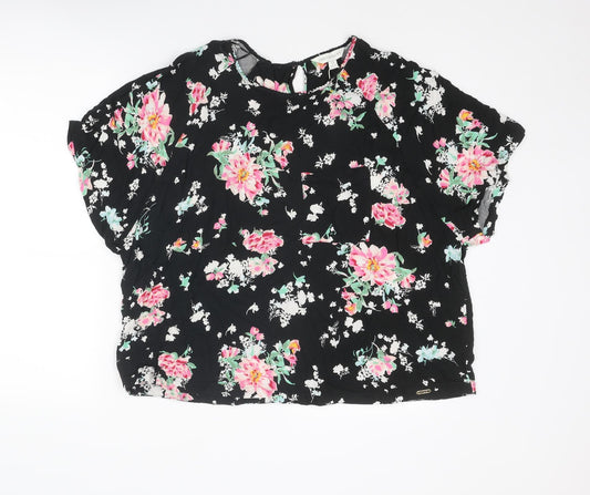 Marks and Spencer Womens Black Floral Viscose Basic Blouse Size 22 Round Neck