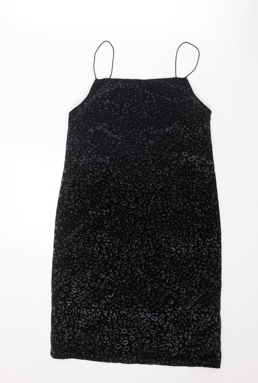 Topshop Womens Black Animal Print Polyester Slip Dress Size 14 Square Neck Pullover