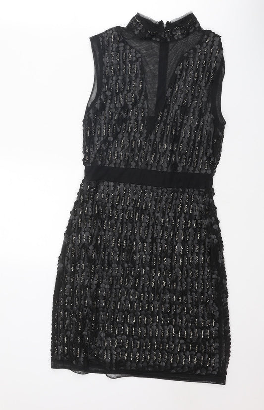 Michelle Keegan Womens Black Polyester Shift Size 8 Mock Neck Zip - Embellished
