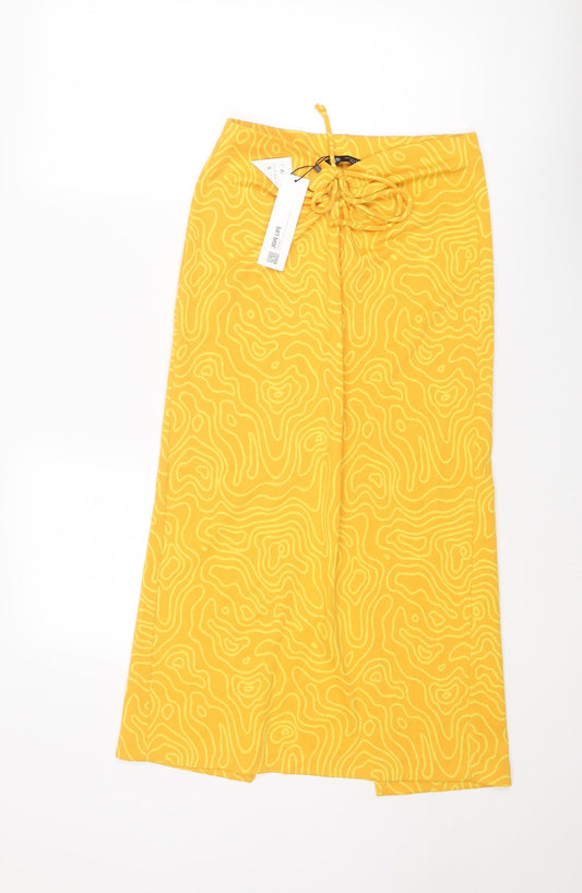 Zara Womens Yellow Geometric Polyester A-Line Skirt Size S Tie