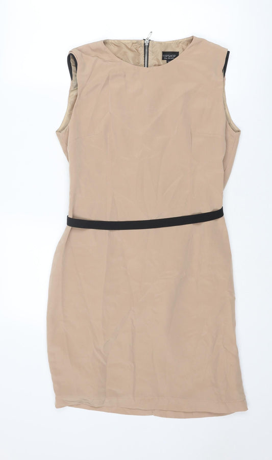 Topshop Womens Beige Polyester Shift Size 14 Boat Neck Zip