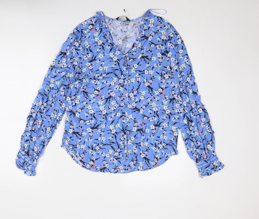 Marks and Spencer Womens Blue Floral Viscose Basic Button-Up Size 10 V-Neck