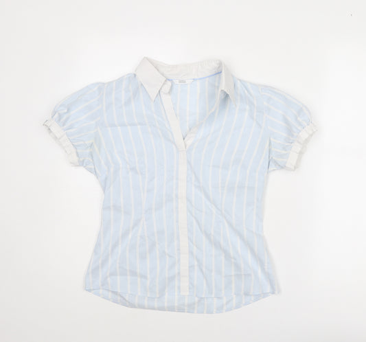 Marks and Spencer Womens Blue Striped Polyester Basic Blouse Size 8 Collared