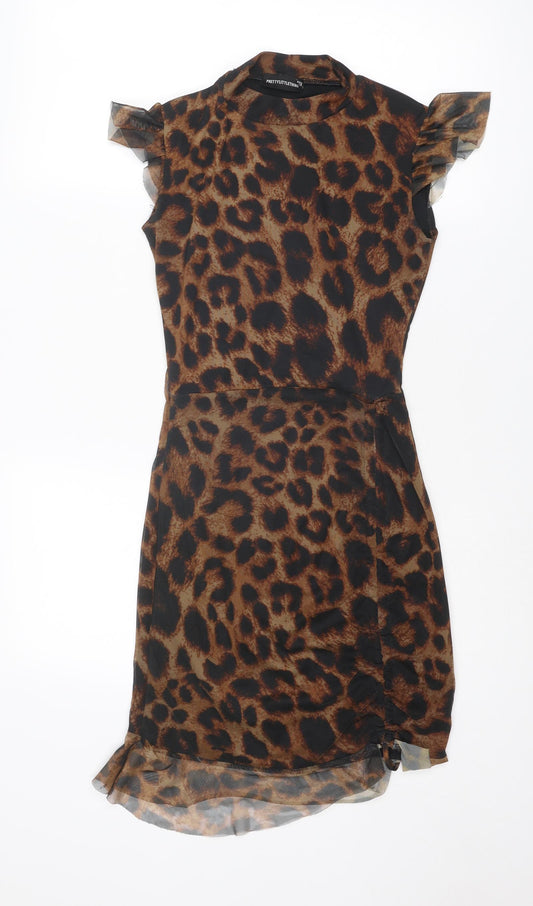 PRETTYLITTLETHING Womens Brown Animal Print Polyester Sheath Size 8 Mock Neck Pullover - Leopard Print