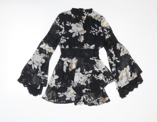 Missguided Womens Black Floral Polyester Mini Size 8 Round Neck Zip - Flared Sleeve